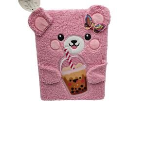 Fuzzy Sketch Book Notebook Journal Blank‎ Pages Pink Bear Bow Drink NWT
